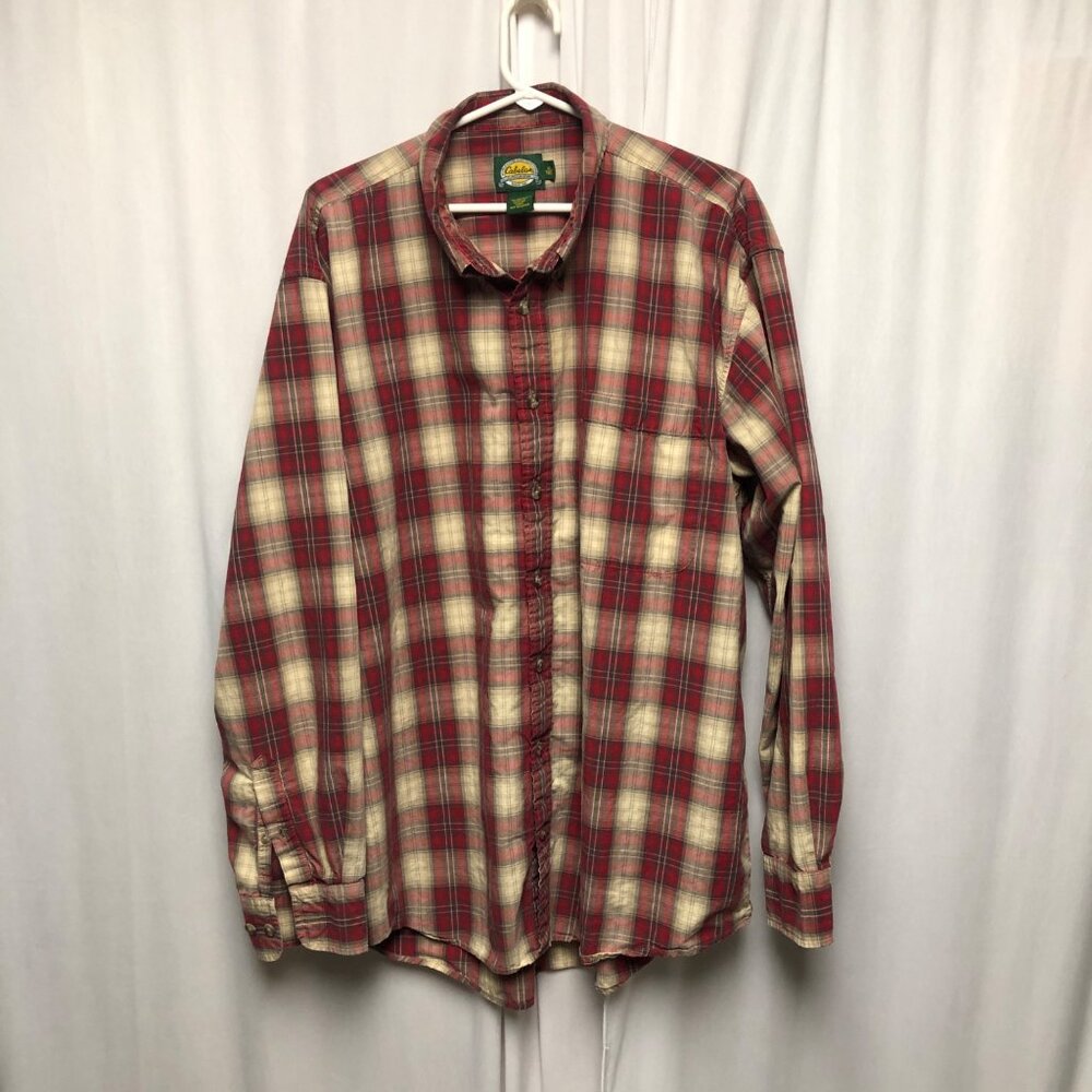 Cabelas Shirt Mens Size XL Tall Red Plaid Cotton Button Down Long Sleeve Casual